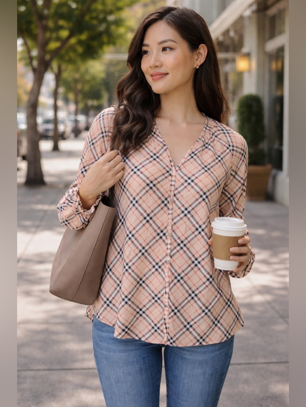 Cocomo - NWT Plaid Ruffle Sleeve Blouse - Tan and Black